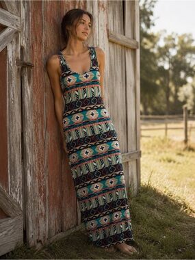 NWOT Love Ari Black Aztec Boho Whimsy Print Maxi Dress Size Large